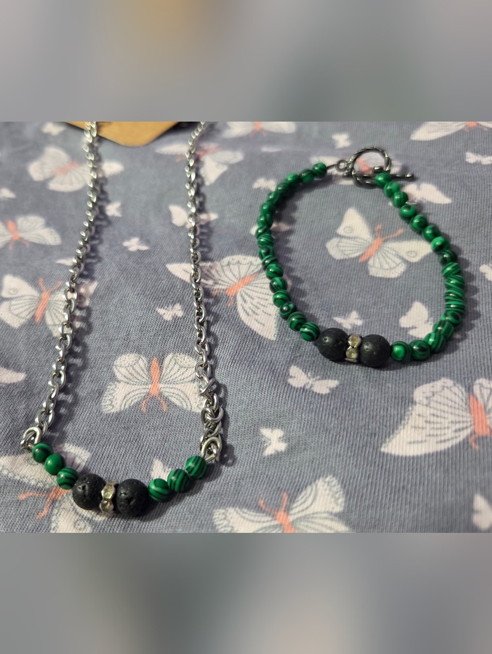 Malachite& Lava Stone Silver Chain Women's Necklace and Bracelet Set